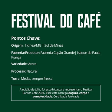 Cartão informativo Rei do Café sobre o café Festival 26 edição limitada de julho com detalhes de origem e torra