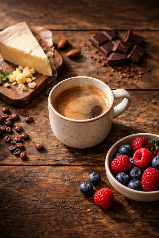Xícara de café expresso ao lado de diferentes alimentos para harmonização: chocolate, queijos e frutas sobre mesa de madeira rústica