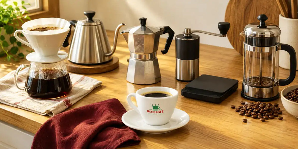 Acessórios de café organizados por método: coador, chaleira, cafeteira italiana, moedor, balança, prensa francesa e xícara Rei do Café