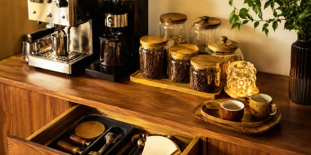 Aparador com cantinho do café organizado mostrando zonas de preparo, armazenamento e serviço