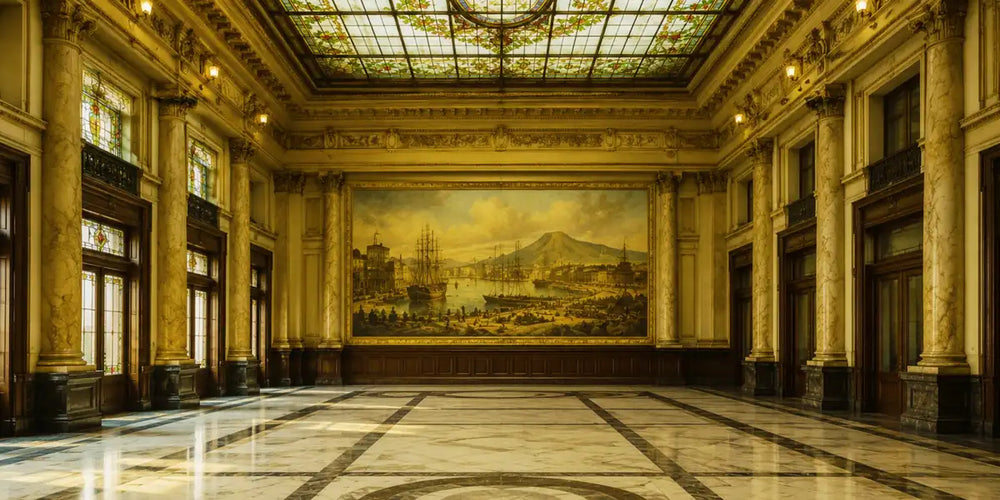 Salão histórico com vitral e painel de cena portuária, interior do antigo prédio da Bolsa do Café