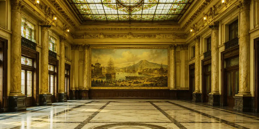 Salão histórico com vitral e painel de cena portuária, interior do antigo prédio da Bolsa do Café