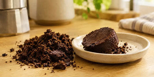 Pilha de borra de café usada ao lado de um disco compacto de espresso em prato de cerâmica, sobre bancada de madeira
