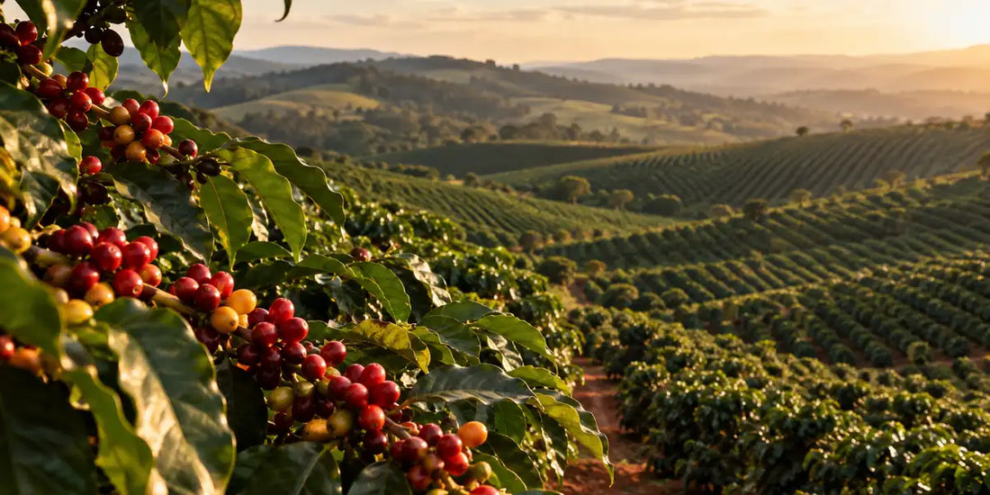 Lavoura de café em região montanhosa com ramos de frutos maduros vermelhos e amarelos em primeiro plano