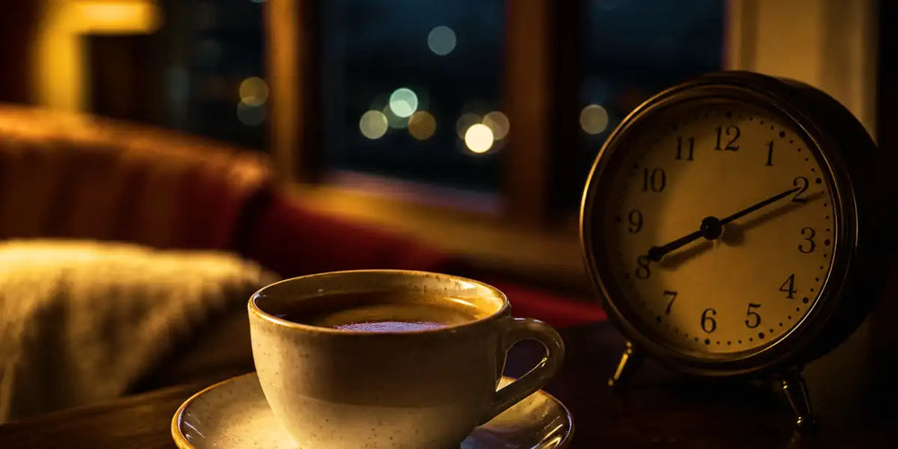 Xícara de café ao lado de relógio em ambiente noturno, ilustrando café e insônia