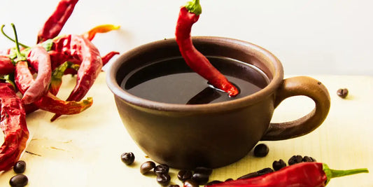 Xícara de café preto com uma pimenta vermelha mergulhada, pimentas secas e grãos de café sobre mesa de madeira