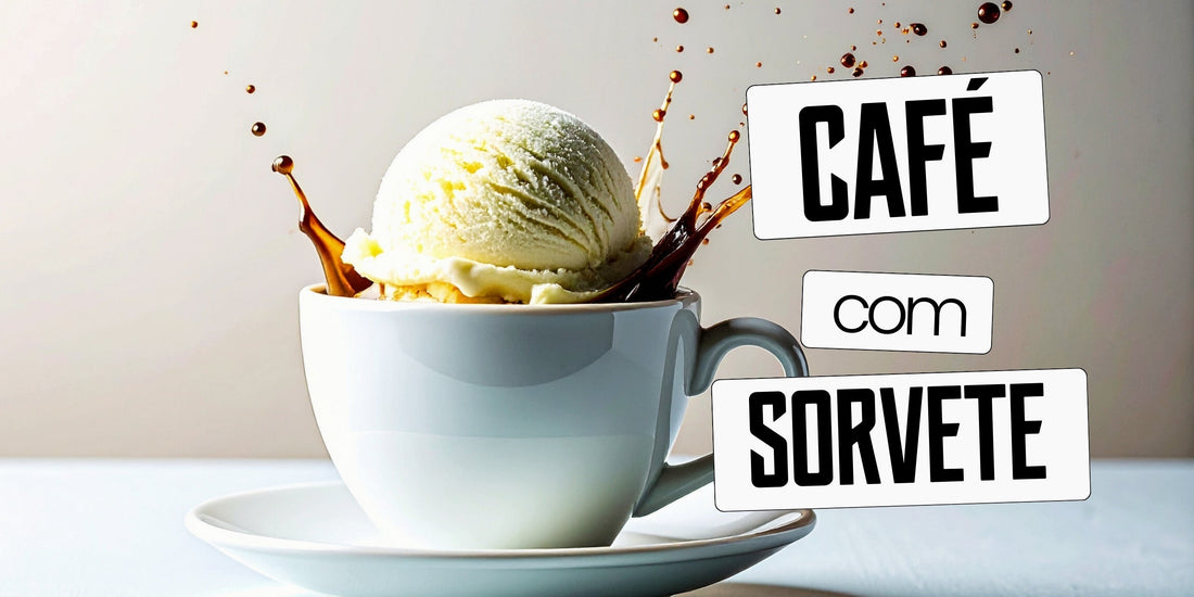 Café com sorvete: bola de gelato de baunilha em xícara com espresso e respingos de café ao redor