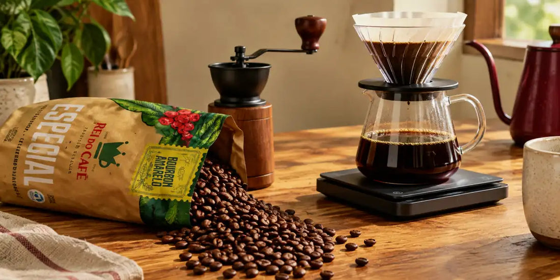 Grãos de café torrados saindo de um pacote ao lado de moedor manual, coador e balança sobre bancada de madeira