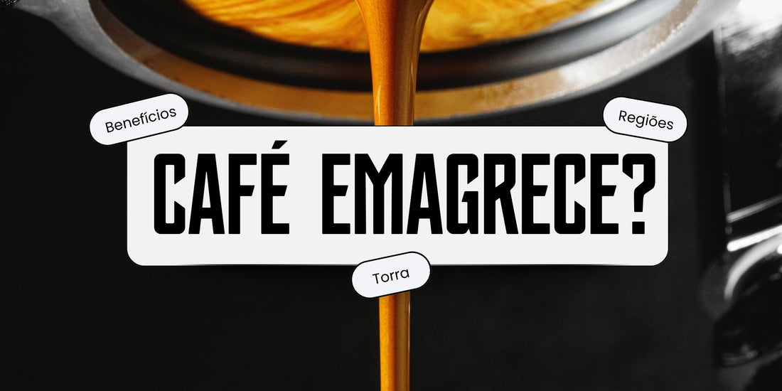 Extração de café espresso com crema dourada e o texto Café Emagrece com destaques para benefícios, torra e regiões