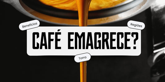 Extração de café espresso com crema dourada e o texto Café Emagrece com destaques para benefícios, torra e regiões