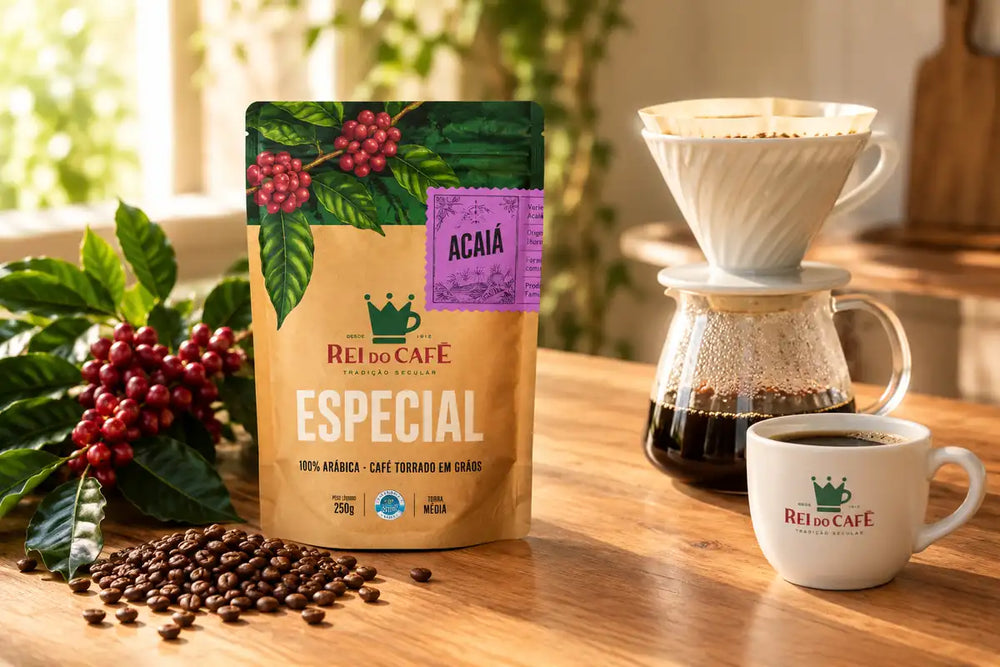 Pacote de Café Especial Acaiá do Rei do Café ao lado de grãos torrados, ramo com frutos maduros e café coado