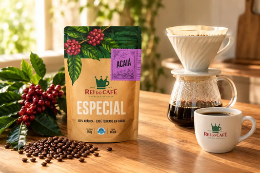 Pacote de Café Especial Acaiá do Rei do Café ao lado de grãos torrados, ramo com frutos maduros e café coado