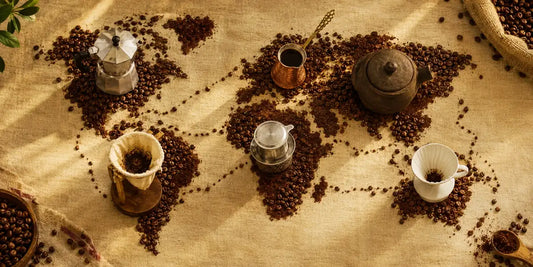 Mapa-múndi de café com moka, cezve, phin, coador de pano e V60 posicionados nos continentes