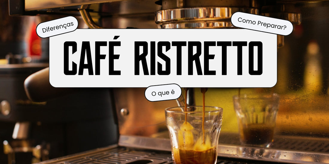 Café ristretto sendo extraído em máquina de espresso profissional com destaque para o que é, como preparar e diferenças