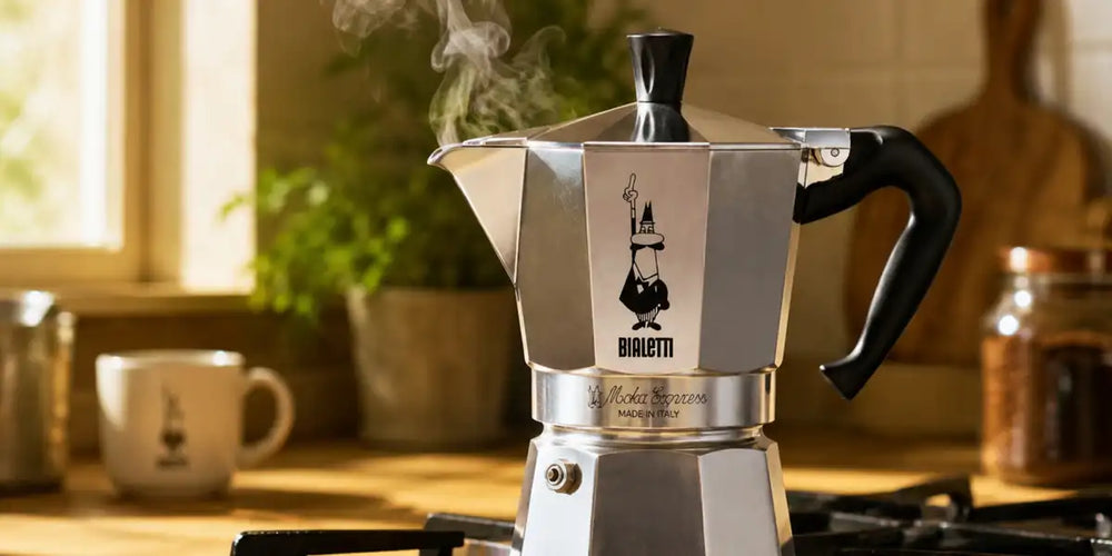 Cafeteira Bialetti Moka Express no fogão com vapor saindo