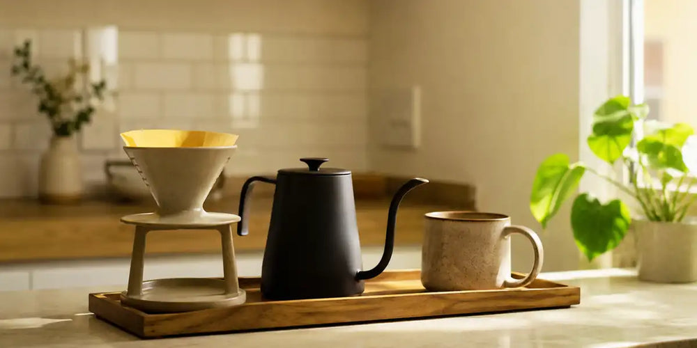 Bandeja de madeira com coador de cerâmica, chaleira preta e caneca em bancada de apartamento com luz natural