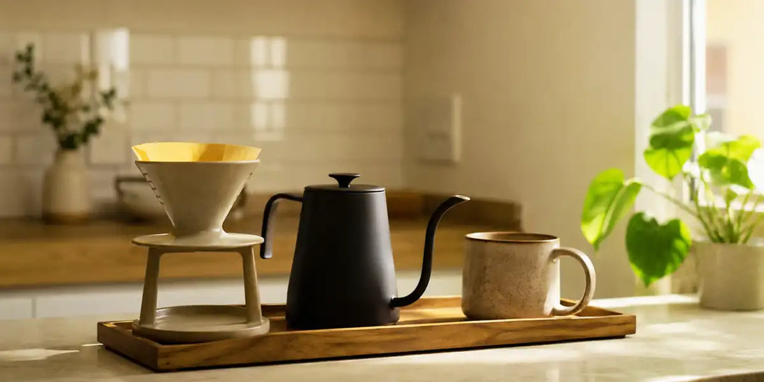 Bandeja de madeira com coador de cerâmica, chaleira preta e caneca em bancada de apartamento com luz natural