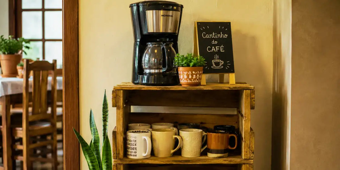 Cantinho do café feito com caixotes de feira empilhados e itens de decoração simples