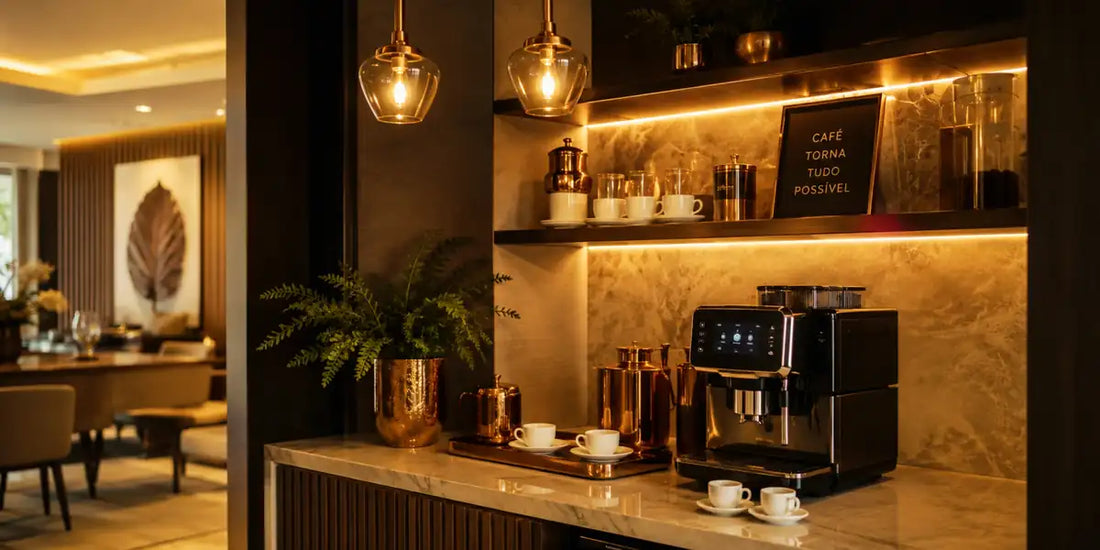 Cantinho do café chique e elegante com bancada de mármore, xícaras de porcelana e iluminação pendente
