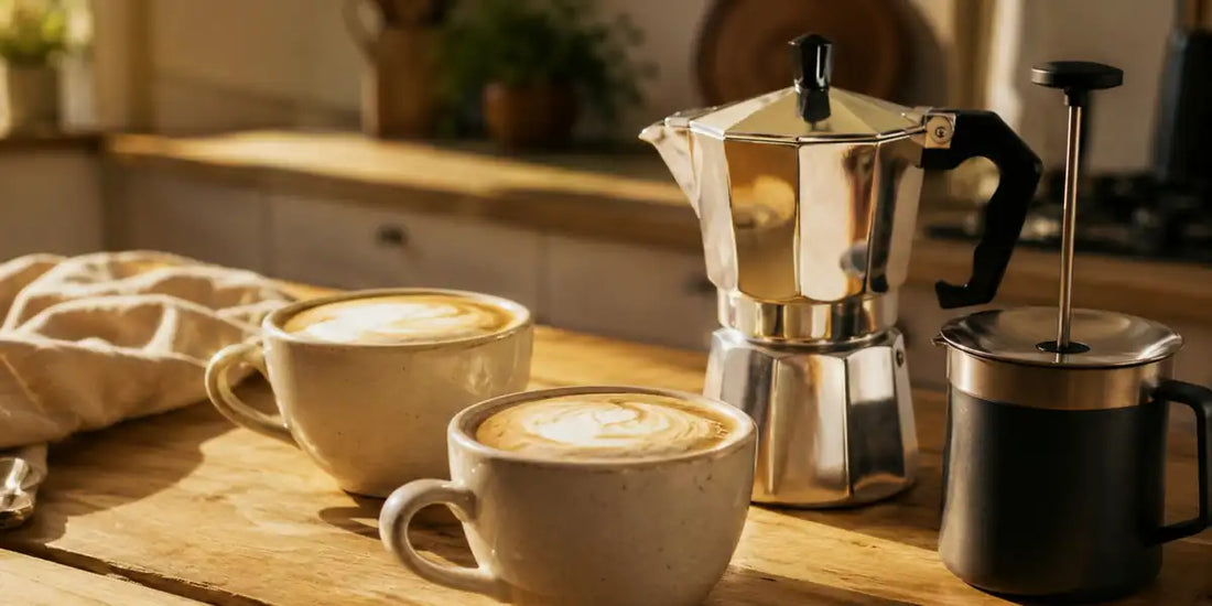 Duas xícaras de cappuccino ao lado de cafeteira italiana e cremeira de alumínio preta em bancada de madeira