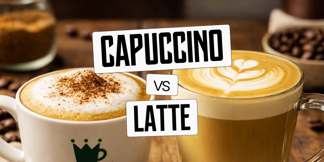 Cappuccino em xícara de cerâmica com espuma e cacau ao lado de latte em copo de vidro com latte art, comparando as duas bebidas