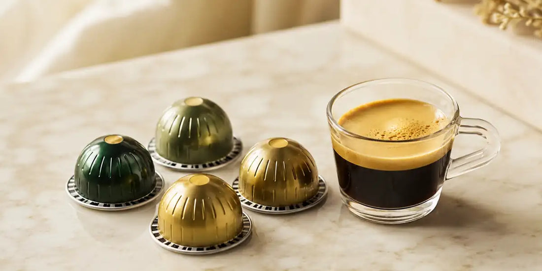 Cápsulas descafeinadas Nespresso em tons de verde e dourado sobre mármore com xícara de espresso