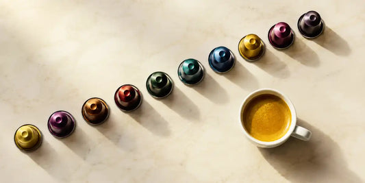Fileira de cápsulas Nespresso coloridas ao lado de xícara de espresso com crema
