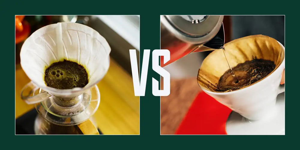Comparação lado a lado entre coador Hario V60 de plástico transparente e de cerâmica, com 