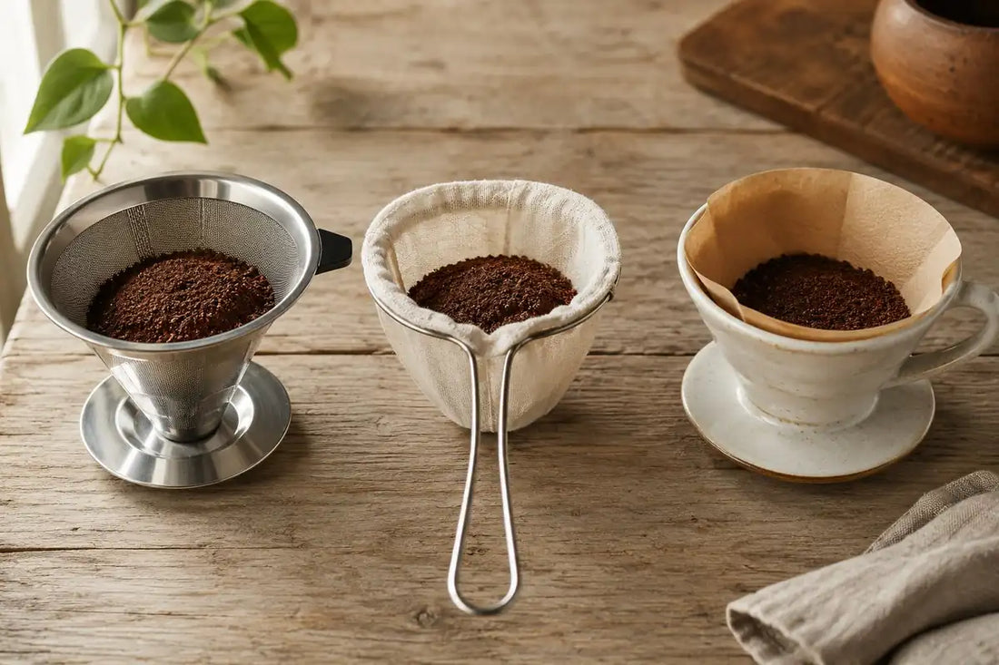 Três coadores de café lado a lado: filtro de inox, coador de pano e porta-filtro com papel, cada um com café moído, sobre mesa de madeira rústica