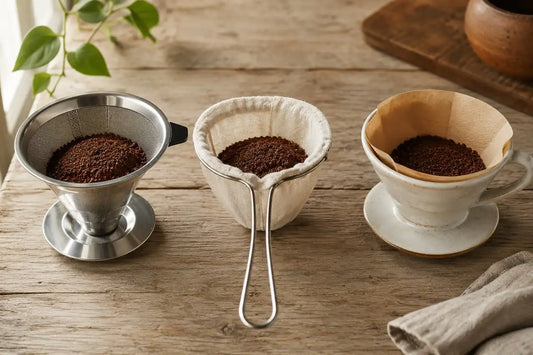 Três coadores de café lado a lado: filtro de inox, coador de pano e porta-filtro com papel, cada um com café moído, sobre mesa de madeira rústica