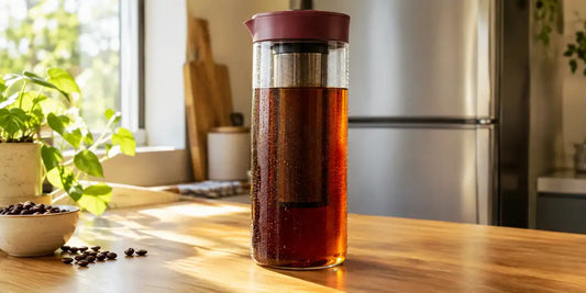 Jarra de cold brew Hario Mizudashi de vidro com filtro de malha e tampa vinho, cheia de café gelado, sobre bancada de madeira ao lado de planta e grãos de café