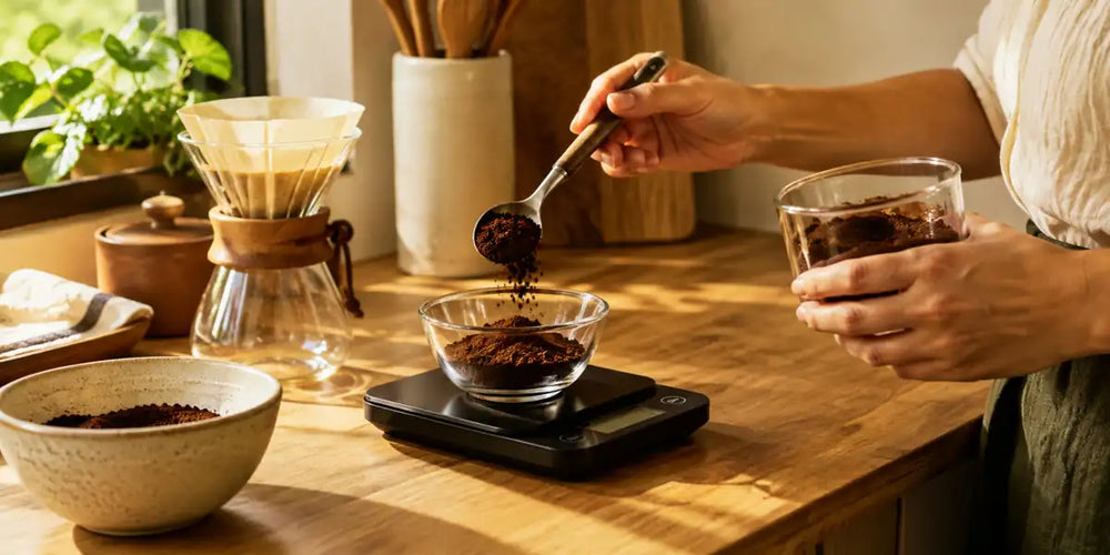 Mãos colocando café moído em tigela de vidro sobre balança digital, com Chemex ao fundo em cozinha iluminada