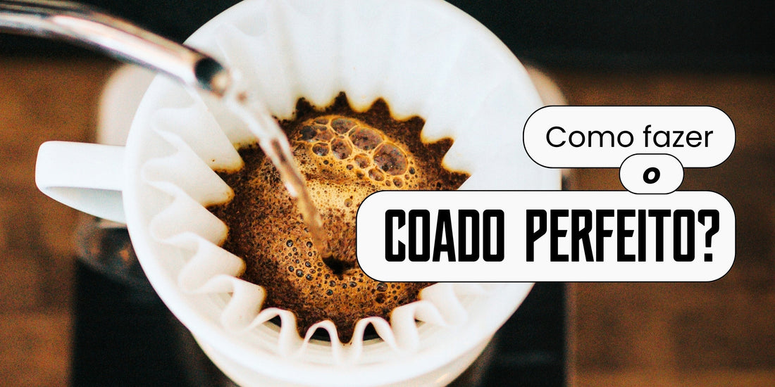 Água quente sendo despejada sobre café moído em filtro de papel branco dentro de um coador cerâmico, com bolhas de pré-infusão visíveis na superfície do pó