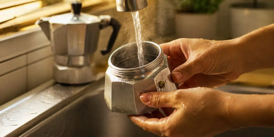 Cafeteira italiana de alumínio sendo enxaguada com água morna em pia de cozinha iluminada
