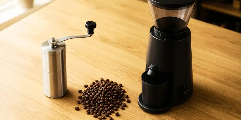 comparativo entre moedor de café manual e elétrico lado a lado