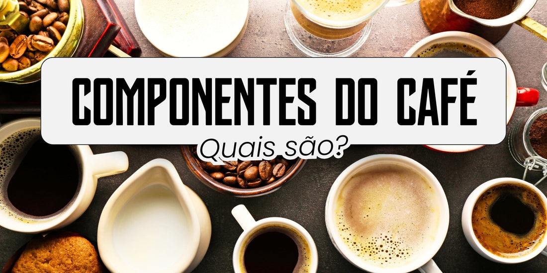 Diversas xícaras de café, grãos torrados e leite vistos de cima, representando os diferentes componentes do café e suas variações de preparo