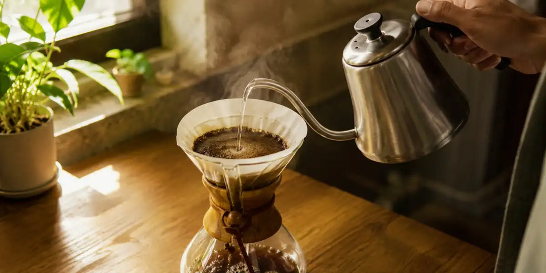 Água quente sendo despejada na Chemex com chaleira de bico fino e vapor subindo