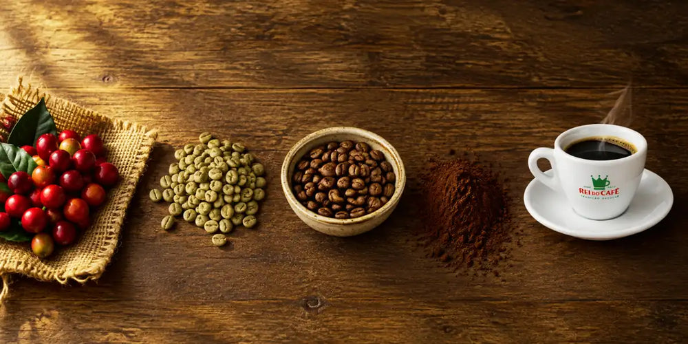 Frutos vermelhos de café, grãos verdes, grãos torrados, café moído e uma xícara de café coado Rei do Café em sequência sobre mesa de madeira