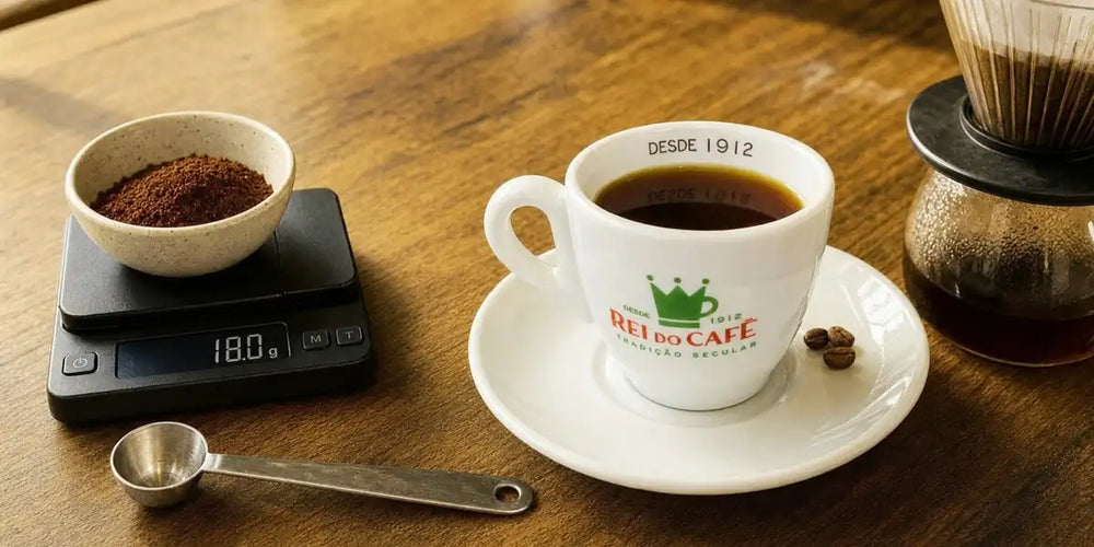 Balança de cozinha com café moído, colher medidora de inox e xícara de café coado sobre bancada de madeira