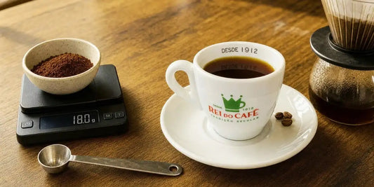 Balança de cozinha com café moído, colher medidora de inox e xícara de café coado sobre bancada de madeira