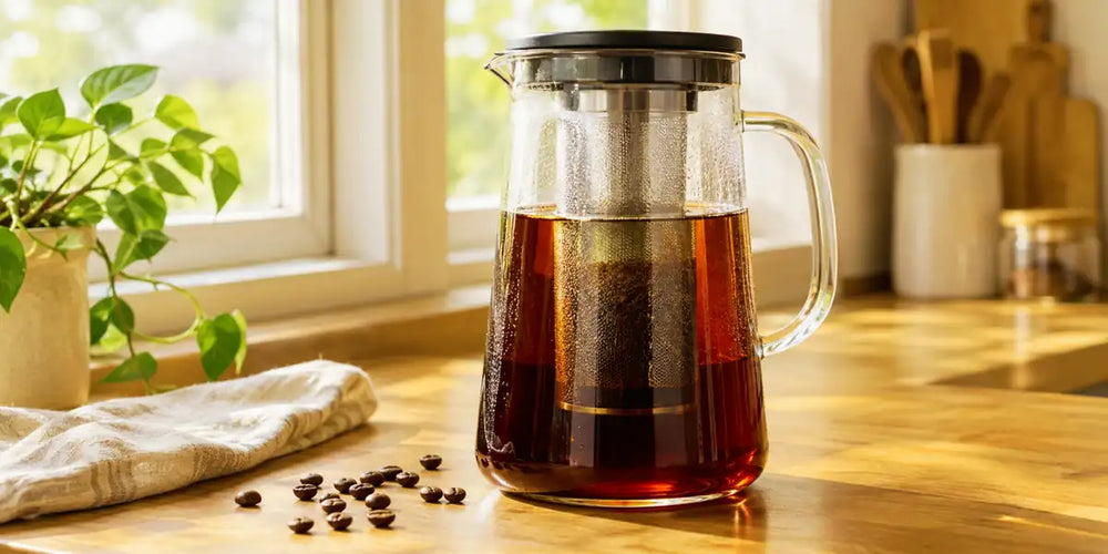 Jarra de vidro para cold brew com cesto filtrante removível e café extraído a frio sobre bancada de madeira