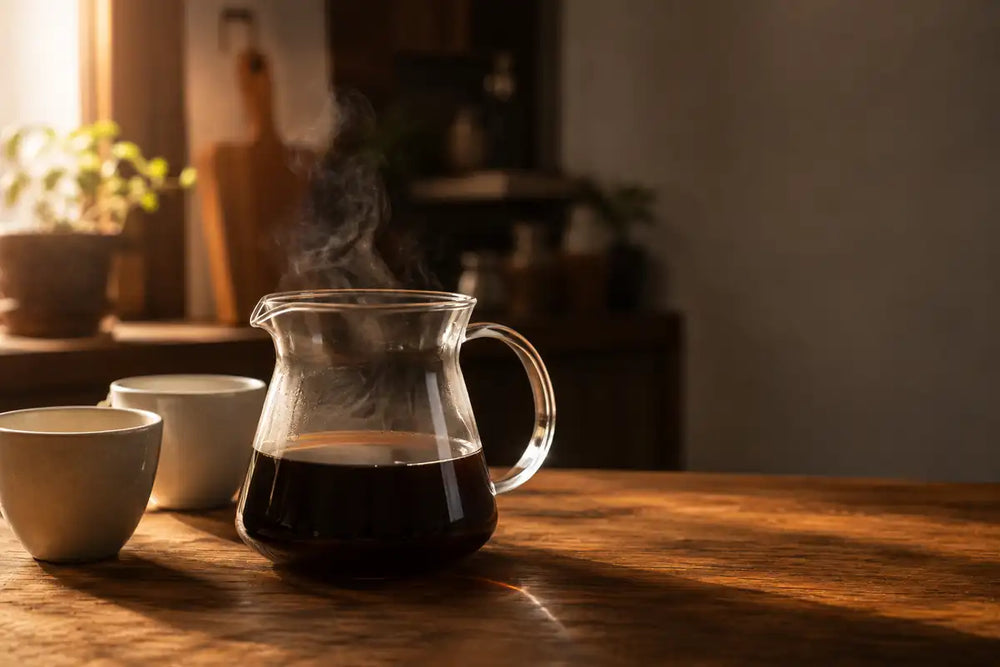 Jarra servidora de vidro cheia de café com vapor ao lado de duas xícaras sobre bancada de madeira em luz suave