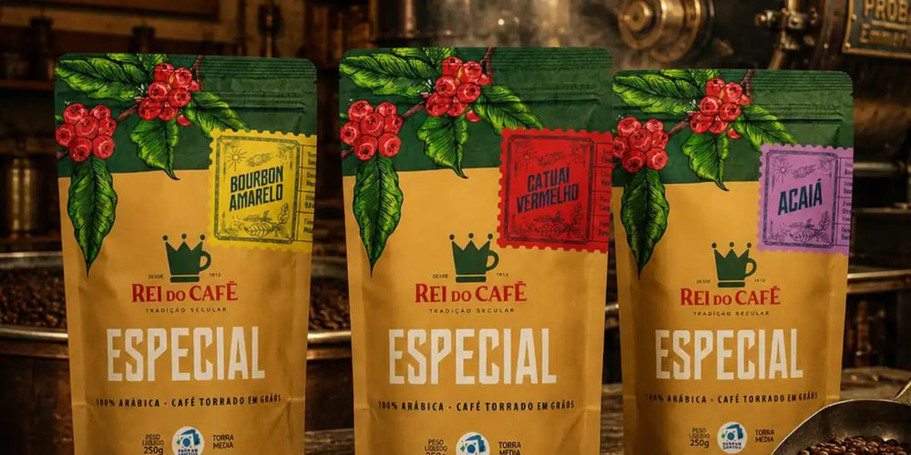 Três pacotes de café especial Rei do Café nas variedades Bourbon Amarelo, Catuaí Vermelho e Acaiá