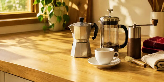 Moedor manual, cafeteira italiana, prensa francesa e pincel de limpeza organizados na bancada da cozinha
