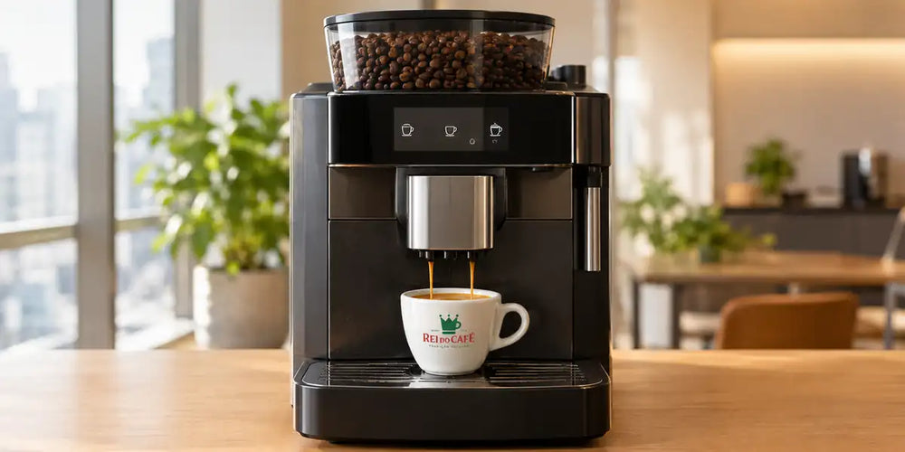 Máquina de café automática com reservatório de grãos e xícara de espresso sobre bancada de escritório