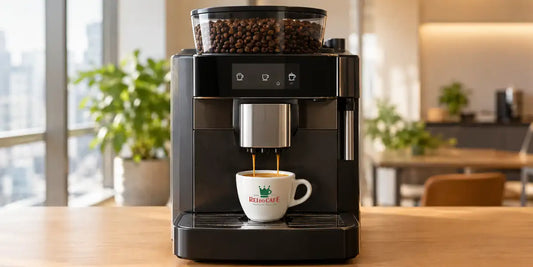 Máquina de café automática com reservatório de grãos e xícara de espresso sobre bancada de escritório