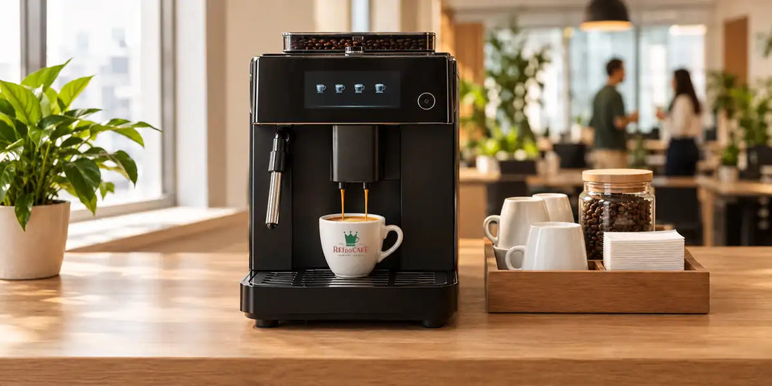 Máquina de café superautomática em copa de escritório servindo espresso em xícara Rei do Café