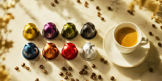 Seleção das melhores cápsulas Nespresso 2026 organizadas por categoria com xícara de espresso
