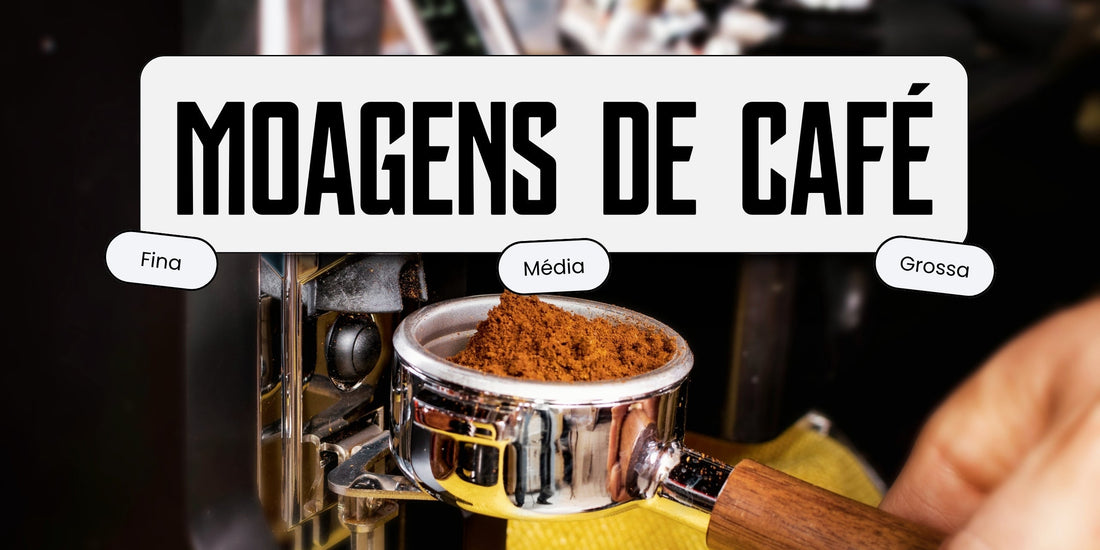 Portafiltro de máquina de espresso com café moído fino, com indicação dos três tipos de moagem: fina, média e grossa