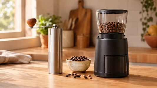 Moedor de café manual de aço inox ao lado de um moedor elétrico preto sobre bancada de madeira com grãos de café
